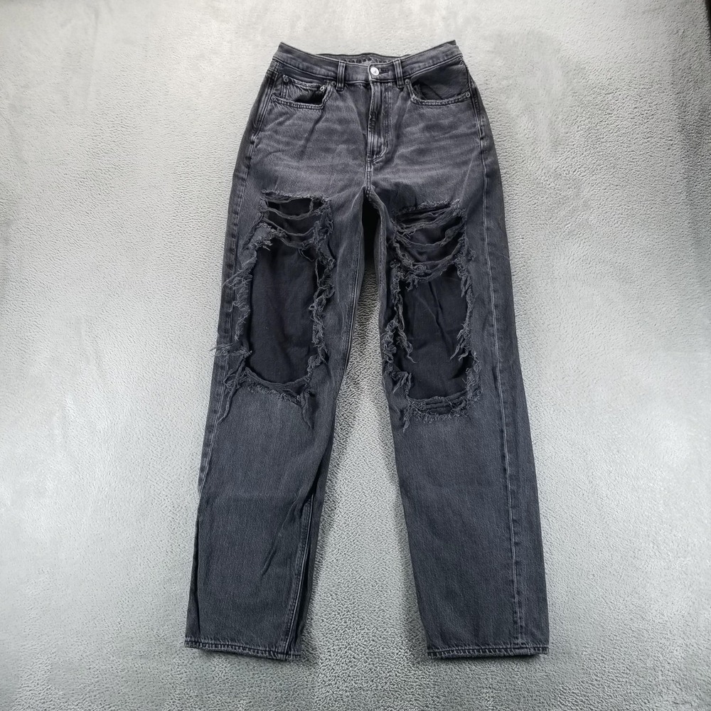 American Eagle Jeans Womens 6 Black Baggy Jean High Rise Distressed Rock Grunge